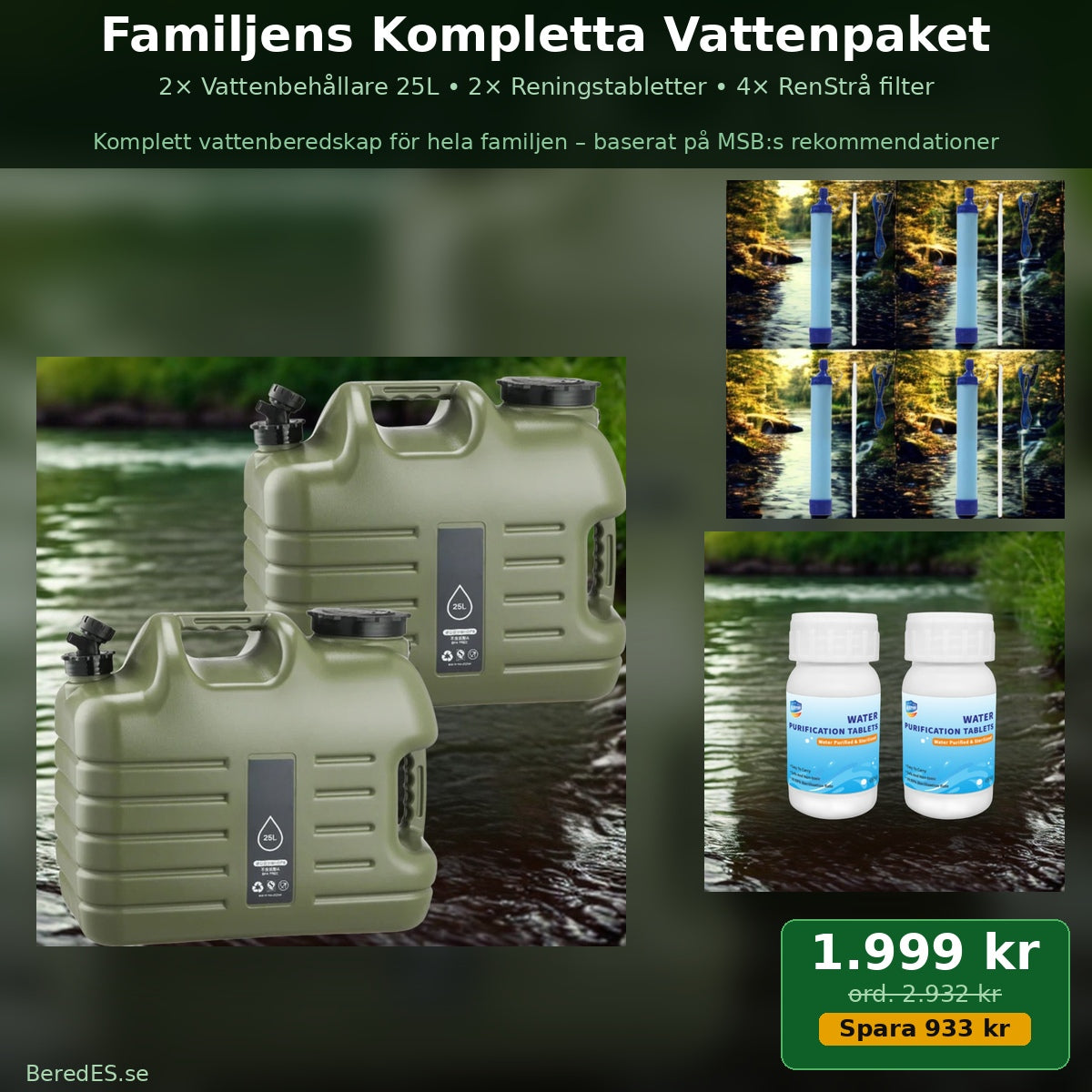 Familjens Kompletta Vattenpaket – 2×25L, Reningstabletter & RenStrå filter